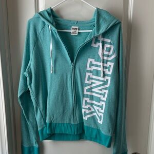 PINK Teal Zip-Up Hoodie with White Lettering and matching sweatpants